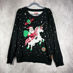 Tipsy Elves Sweater XL Black Santa Riding Unicorn Space Ugly Holiday Christmas
